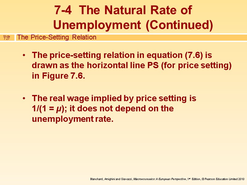 The price-setting relation in equation (7.6) is drawn as the horizontal line PS (for